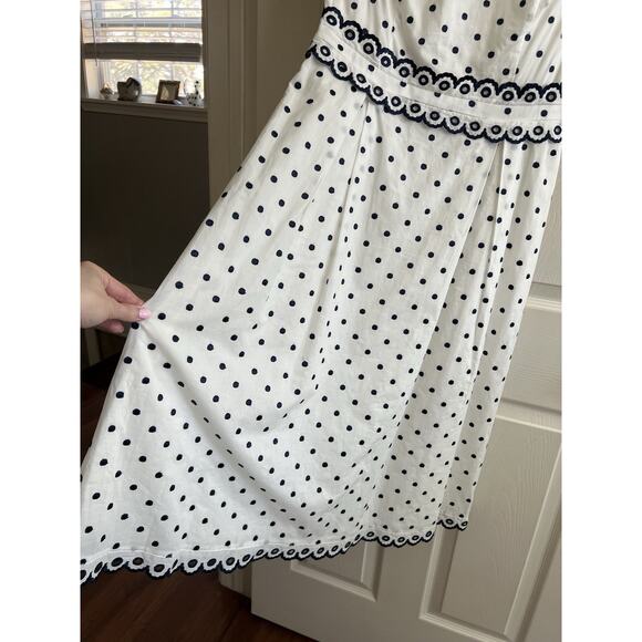 BODEN Kimberly Navy White Polka Dot Embroidered Scallop Trim Midi Dress Sz 6R - Picture 7 of 14